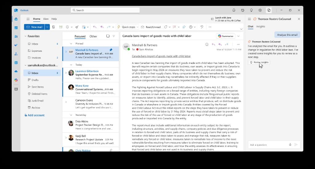One click in, CoCounsel reports what the email is about and offers a single review button — no wall of text.