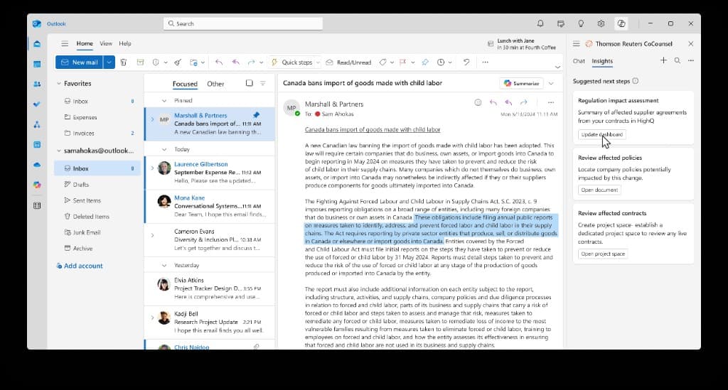 The panel's second tab holds three cards: a regulation impact assessment from HighQ contract data, affected company policies, and affected live contracts — each with one button that opens the work where it lives.