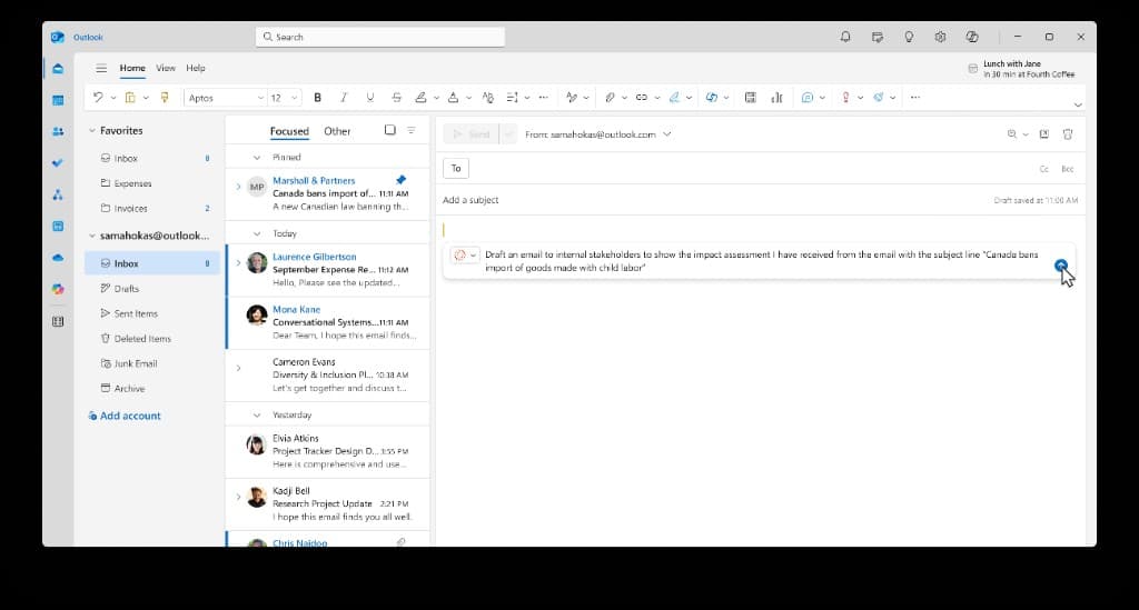Sam asks for a stakeholder email directly inside a new message — the prompt travels with the compose window, not a separate app.