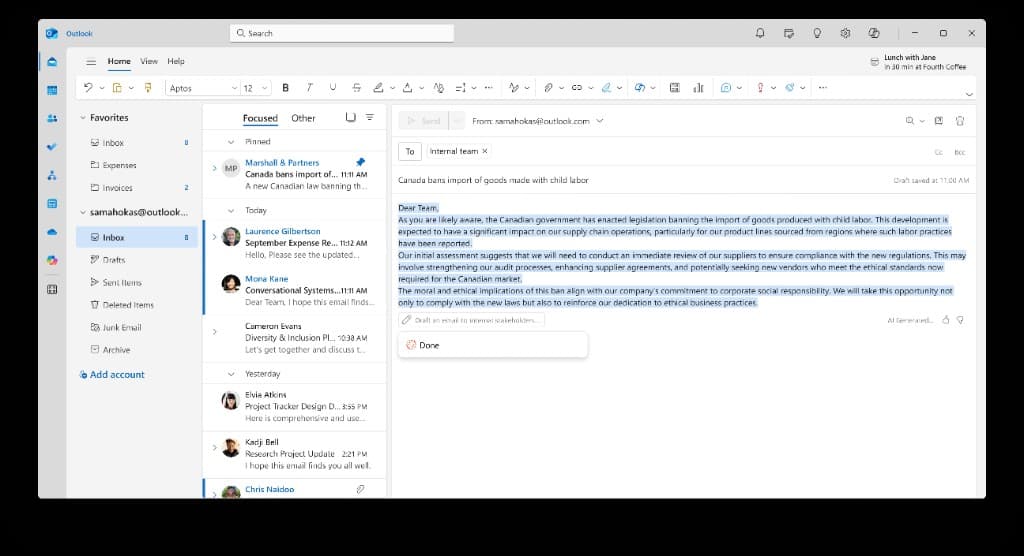 The finished draft arrives marked in blue, labeled as AI generated, with thumbs up/down and a visible record of the prompt that produced it.
