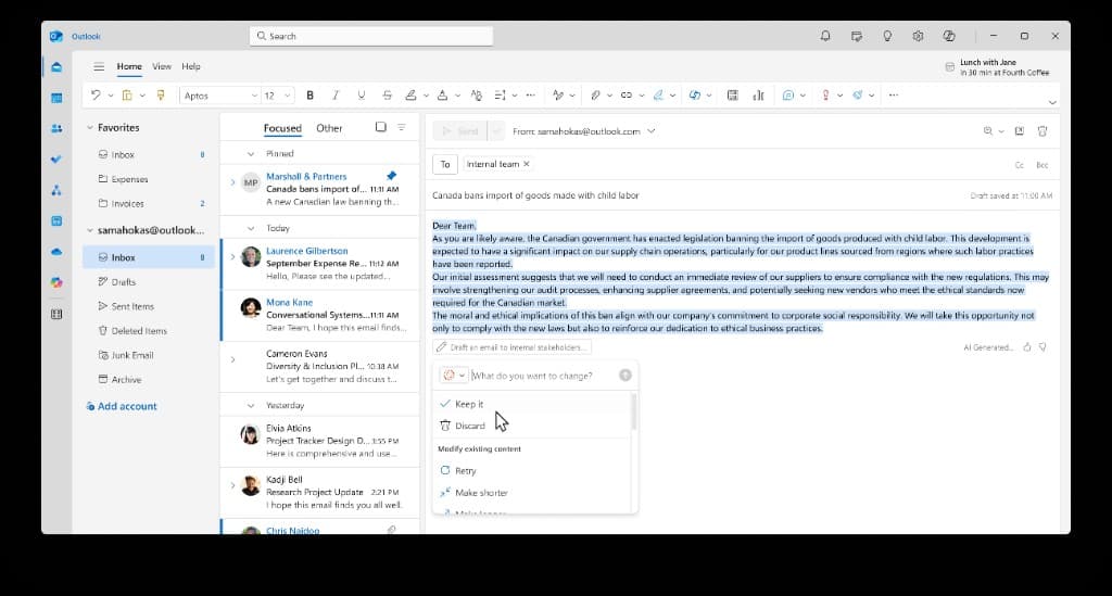 A compact menu after generation: Keep it, Discard, Retry, Make shorter, Make longer — or type a custom request.
