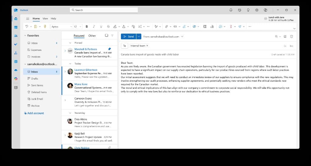 Once kept, the draft becomes plain email text and Send goes live. Nothing sends before that choice.
