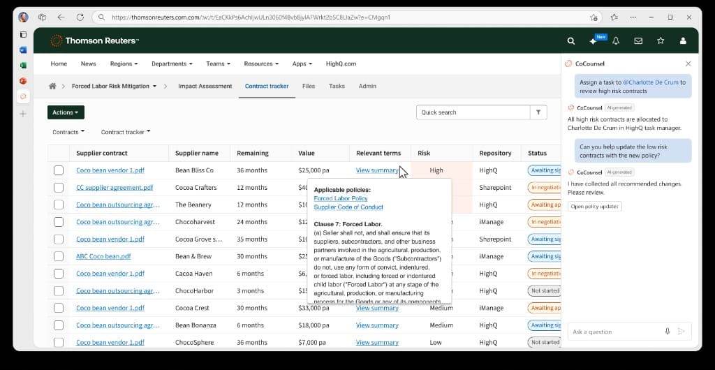 In HighQ, the same assistant sits beside the contract tracker. Hovering a contract surfaces the applicable policies and the exact clause at issue; the chat assigns review tasks and collects recommended changes.
