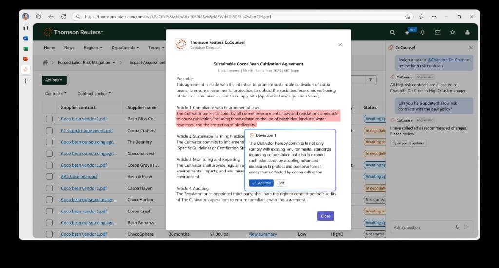 CoCounsel compares a supplier agreement against the new policy, flags the passage in red, and proposes replacement language — Approve or Edit, side by side.