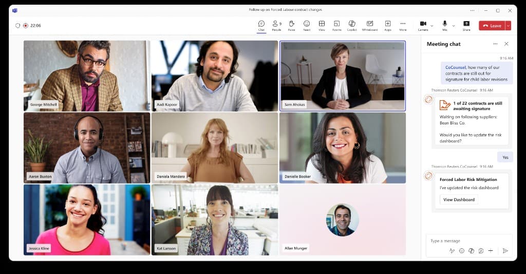 Mid-meeting in Teams, anyone can ask CoCounsel where things stand. It answers with a live count — 1 of 22 contracts still awaiting signature — and offers to update the risk dashboard.