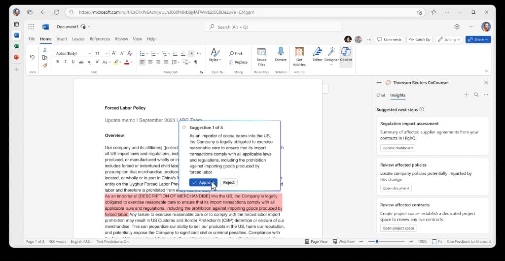 Back in Word, CoCounsel walks the company's Forced Labor Policy suggestion by suggestion — Approve or Reject per passage — with the same next-step cards in the panel.
