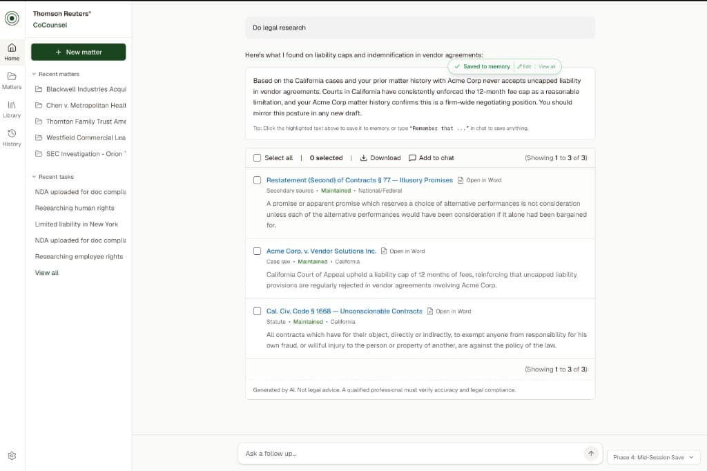 Post-save confirmation with edit/view controls, keeping memory auditable by the person who owns the matter.
