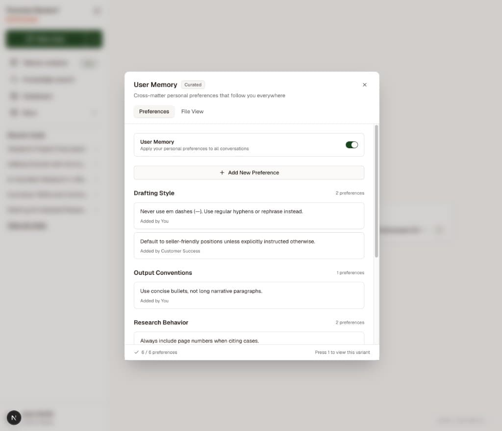 User Memory preferences modal: curated cross-matter rules with clear ownership and add/edit controls.