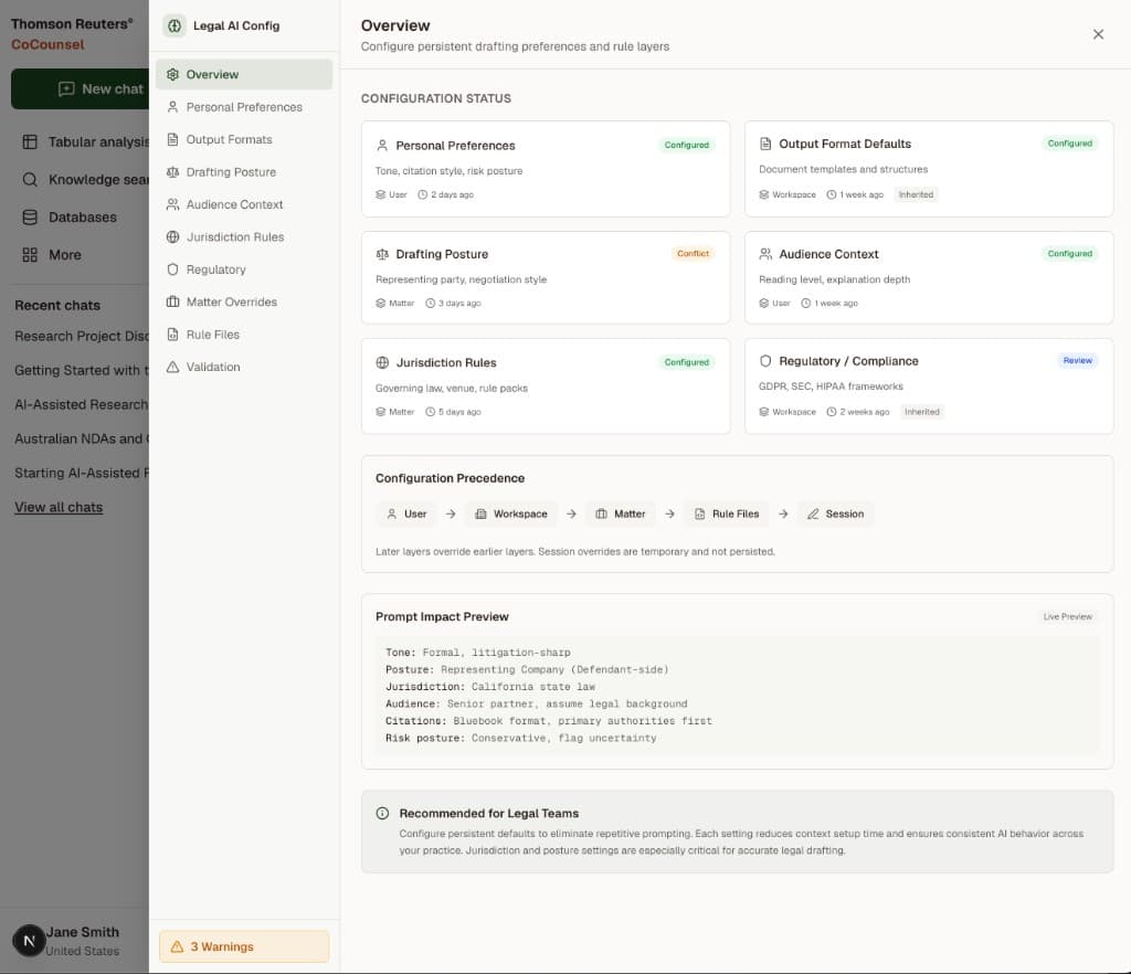 Overview of configuration status and precedence, with a live preview of how layers resolve into tone, posture, jurisdiction, and risk.