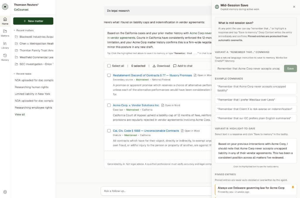 Mid-session save panel comparing Remember-that commands, highlight-to-save, and pinned preference entries.